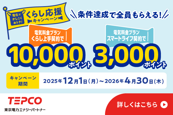 TEPCO　条件達成で全員もらえる！くらし応援キャンペーン！ご契約で最大10,000ポイント！